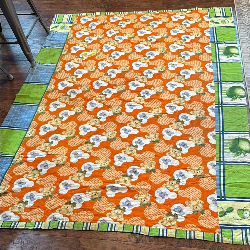 Vintage Orange and Green Teddy Bear Quilt